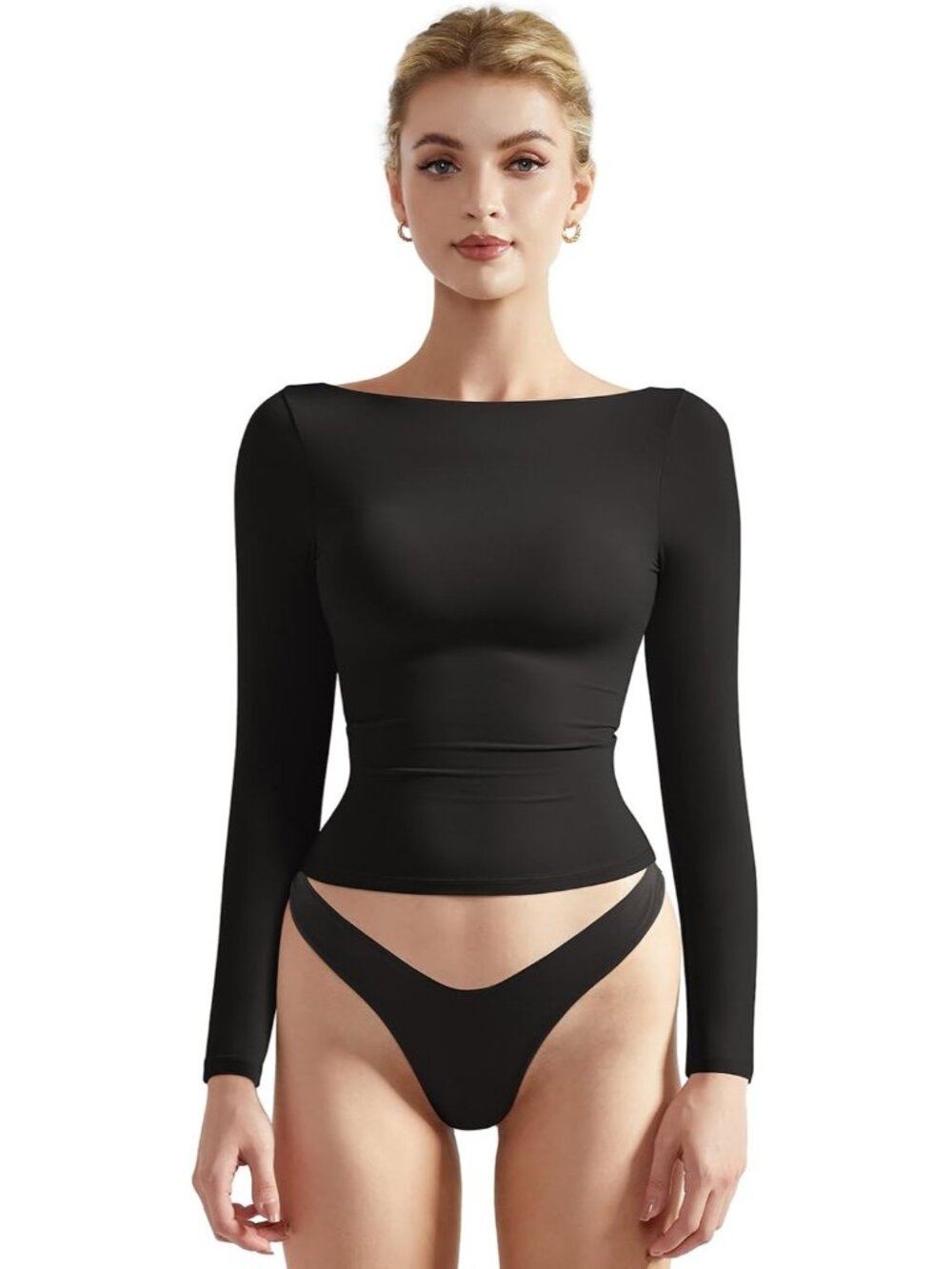 Women's Black Crew Neck Long Sleeve Crop Top Double Lined Fitted Shirt
